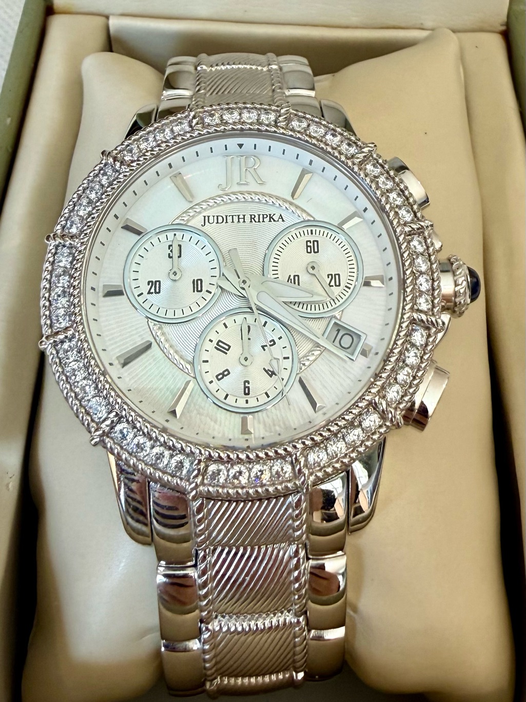 Judith Ripka Silver MotherOfPearl Crystal Bezel Chronograph Watch